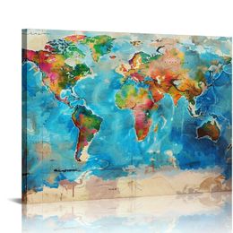 Abstract World Map Tela Painting Poster vintage e stampe colorate Wall Art Wall Immagini incorniciate pronte da appendere per soggiorno camera da letto decorazioni per la casa