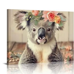装飾用の動物のキャンバスウォールアートかわいいコアラと家の装飾用のガーランドの写真プリント