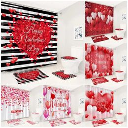 Shower Curtains Valentine's Day Curtain Set Red Heart Balloon Rose Black White Stripes Bathroom Decor Non-Slip Rug Bath Mats Toilet Cover