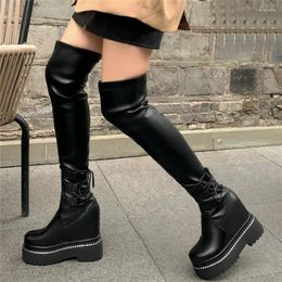 Boots Thigh High Pumps Shoes Women Genuine Leather Wedges Heel Over The Knee Female Slim Leg Platform Fashion Sneakers
