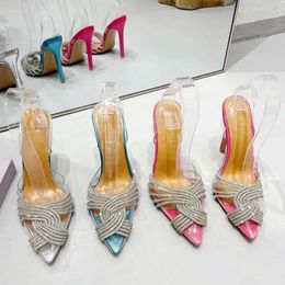 High Women's Rhinestone Summer Sandals Heels Stiletto Heel Pointed Toe Transparent One-strap Back Versatile S 4f0