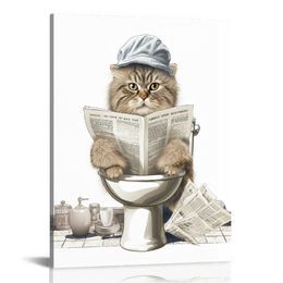 Bathroom Cat Wall Art Cute Cat Sitting on Toilet Reading Newspaper Canvas Prints Funny Animals Bathroom Pictures Wall Decor for Home Framed