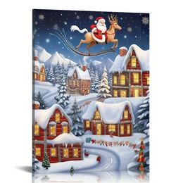 Christmas Wall Art Canvas - Christmas Pictures for Wall Decor, Winter Snowscape Santa Claus Painting Prints Framed Artwork for Living Room Decor Ready to Hang