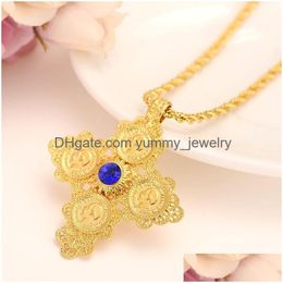 Pendant Necklaces Coin Cross Pendants Italian Rope Red Green Blue Solitaire Yellow Solid 18K Gold G/F Exquisite Jewellery Gift Drop Deli Dhxqv