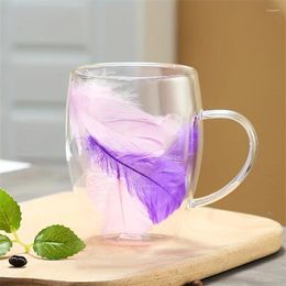 Wine Glasses 1pc 350ml Double-Walled Glass Coffee Cup With Feather Design 11.83oz Clear Heat-resistant Mug For Espresso And Beverages