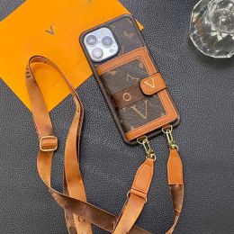 Cases Designer Crossbody Lanyard Leather Case for iPhone 15 14 13 12 Plus Pro XR, Card Holder Shockproof Phone Cover for Women Men