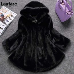 Women's Fur Faux Fur Lautaro Winter Black Warm Thick Hairy Soft Faux Mink Fur Coat Women with Hood Elegant Luxury Fluffy Jacket 2022 4xl 5xl 6xl 7xl z240530 z240530