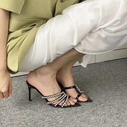 Summer Pumps Sandals Rhinestone Fashion Women Slippers Thin High Heels Slip on Toe Mules Slid c1f