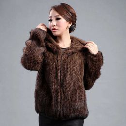 Women's Fur Faux Fur Autumn Winter Lady 100%Natural Real Mink Fur Jacket Fashion Hooded Hand Knitted Fur Coat Lady Warm Genuine Mink Fur Outerwear z240530