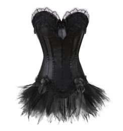 women039s sexy black overbust corset and dress satin bustier with LACE mini skirt waist cincher lingerie S2XL3006613
