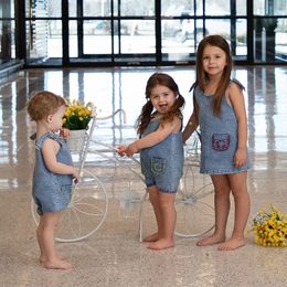 Summer denim collection girls dress set cute baby rompers boys casual shirt skirt family clothing contrast pockets 240530