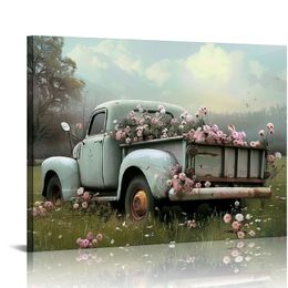 Farmhouse Truck Canvas Wall Art Old Car and Pink Flower Picture Prints for Bedroom Home Living Room Decor with Framed