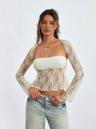 Women's T Shirts Wsevypo Fairycore 2Piece T-Shirts E-Girl Aesthetic Clothes Lace Floral Sheer Strapless Tube Tops With Long Sleeve Shrugs
