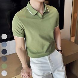 Business Casual Solid Color Mens Polo Shirt 2024 Summer Classic Men Short Sleeve V-neck T-shirt Slim Fit Spliced Polo 4XL-M 240524