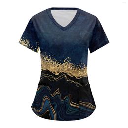 Women's T Shirts Striped Printed Short Sleeved Summer Thin V-Neck Top Work Clothes With Pocket Clothing Roupas