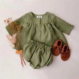 Clothing Sets Princess Baby Girls Clothes Summer Spring Linen Cotton Blouse + Bottom Shorts 0-2 Y Girl Outfits H240530 IUGA