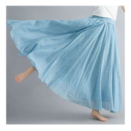 Designer's New Summer Art Loose Size Cotton and Hemp Half Skirt Elastic Waist A-line Long Skirt Solid Colour Pleated Large hem SkirtK3HM