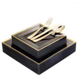 Disposable Dinnerware 20 Guest Black Square Plastic Plates With Gold Rim &Gold Cutlery/Silverware- Set For Wedding/Party