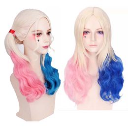 Halloween fest lockiga hästsvans cosplay rosa och blå peruk för kvinnor