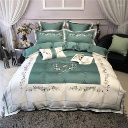 Bedding Sets Luxury Green White American Style Pastoral Flower Embroidery Egyptian Cotton Set Duvet Cover Bed Sheet/Linen Pillowcases