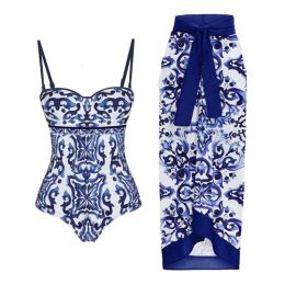 Wear Women's Blue and White Porcelain Tummy Control Underwire Swimsuit with Push Up and Beach Skirt Sarong Cover Ups