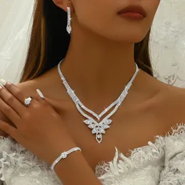 5Pcs Delicately Rhinestone Cubic Zirconia CZ Bridesmaids Statement Choker Necklace Dangle Earrings Link Bangle Bracelet Ring Set for Bride Party Costume Jewelry