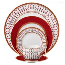 Plates Ceramics Flat Plate Bone China Cup Saucer Set Red Platter Tableware European Style Western Dinner Dishes Coffee 1pcs