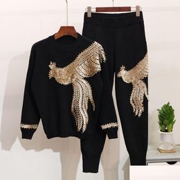 Womens Two Piece Pants New Fashion 2 Pieces Black Grey Top Sequin Suit Beads Women Jumpsuit Knitting Autumn Winter Causal Drop Deliver Otxni