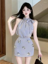 Work Dresses High Street French Small Fragrance Two Piece Set For Women Tops 3D Flowers Skirt Suits Summer Sweet Sexy 2 Outfits