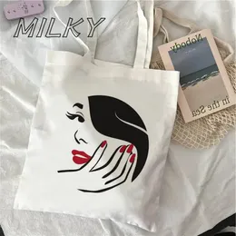 Shopping Bags Red Lips Makeup Graphic Canvas Tote Shoulder Women Shopper Bag Storage Travel Handbag & Gift Large Capacity