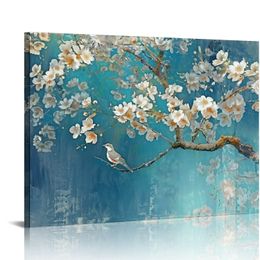 Large Size Couple Birds and Orchid Flower Blossom Picture Painting Print Artwork Teal Blue Canvas Wall Art Animal Canvas Print for Living Room Framed Ready to Hang
