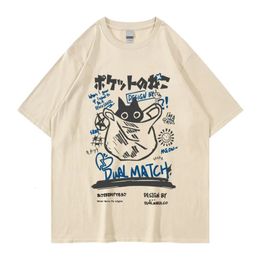 Hip Hop T-Shirt Men Streetwear Japanese Kanji Funny Cat Printed T Shirt Men Harajuku Cotton Casual Short Sleeve Tshirt Tops 240530