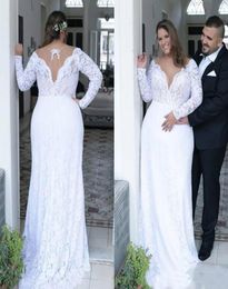 Plus Size Wedding Dresses Deep V Neck Sheath Vintage Long Sleeves Wed Dresses Bridal Gowns Sweep Train Spring Summer Wear Gown9655725