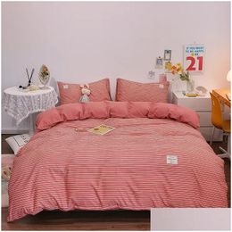 Bedding Sets 100% Cotton Japanese Simple Style Duvet Er Set With Plaid Stripe Skin Friendly Breathable 1 2 Pillowcase Drop Delivery Dhjkf