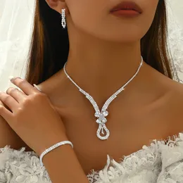 4/3 Pieces Wedding Jewelry Set for Women, Bow Shape Necklace Dangle Earrings Bracelet Hair Comb Adjustable Ring Set, Cubic Zirconia Elegance Prom Party