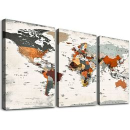 World Map Wall Decoration for Bedroom Office Wall Art Print Pictures Painting Canvas Frame Map Decoration and living room Ready to Hang 12''x16''X3 Panels