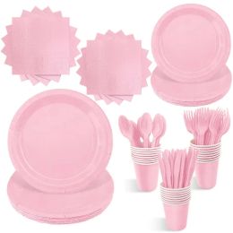 New Solid Color Party Set Light Pink Disposable Tableware Paper Cup Paper Plate Tablecloth For Kids Baby Shower Party Supplies