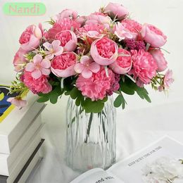 Decorative Flowers Artificial Rose Pink Silk Peony Simulation Flower Bouquet Fake Suitable For Family Table Wedding Decoration DIY