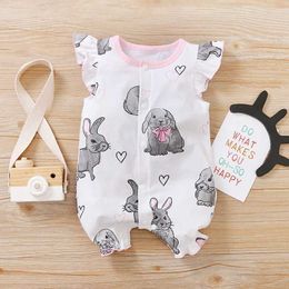 Rompers White rabbit print baby clothes Newborn Baby Romper summer short sleeve One-piece cotton high quality For Toddler Outfits 0-18M Y240530UKVW