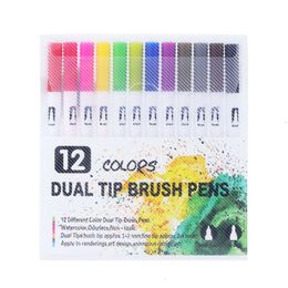 12PCS Colours Dual Tip Brush FineLiner Drawing Painting Watercolour Art Marker Pens Stationery School Supplies 04350