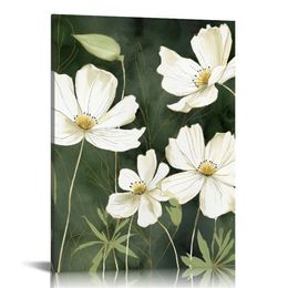 White Flower Canvas Wall Art Vintage Beige Painting Bathroom Decor Floral Picture Artwork for Bedroom Home Decorations