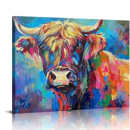 Graffiti Freedom Highland Cow Picture Canvas Wall Art Pop Street Art Farmhouse Cow Poster Artwork Men Home Kitchen Office Decor Print Frame Gallery Wrapped