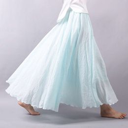 Designer's New Summer Art Loose Size Cotton and Hemp Half Skirt Elastic Waist A-line Long Skirt Solid Colour Pleated Large hem Skirt717O