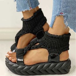 Sandals Sole Fashion Platform Womens Thick Leather Boots Solid Colour Woven Bohemian Sandals De Mujer Verano 2024 J240530