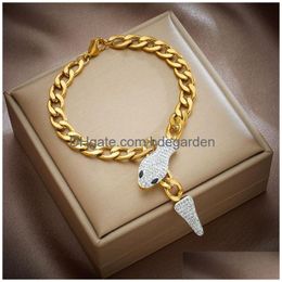 Pendanthalsband Snake Head Necklace Designer Armband 18K Gold Plated Titanium Steel Cuban Link Chain Fashion Iced Out Bling Animal Dhmqe