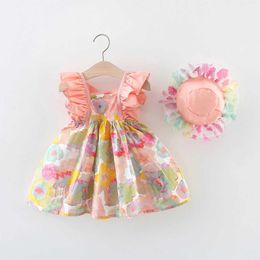Girl's Dresses Baby Dress Girl Princess Flower Printed Cotton Backless Childrens Birthday Clothing Free Delivery Hat H240529 ZOBR