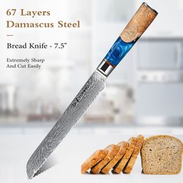 TURWHO-Damascus Steel Bread Knives, 67 Layer, Cheese Toast Sliced Cake Shovel, Serrated Cut Resin and Coloured Wood Handle, 7.5"