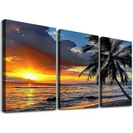 Palm Tree Wall Art Ocean Beach Sunset Landscape Painting Tropical Seascape Palm Tree Picture Wall Decor Framed Artwork Bedroom Living Room Decor 12''x16''X3 Panels