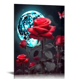 Wall Art Red Rose Blue Butterfly Canvas Wall Art Night Moon Landscape Framed Painting for Bedroom Living Room Bathroom