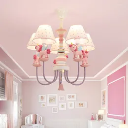 Chandeliers Romantic Children's Room LED Chandelier Lamps Fabric Sconces Resin Horse Princess Bedroom Hanging Light Nursery School Pink